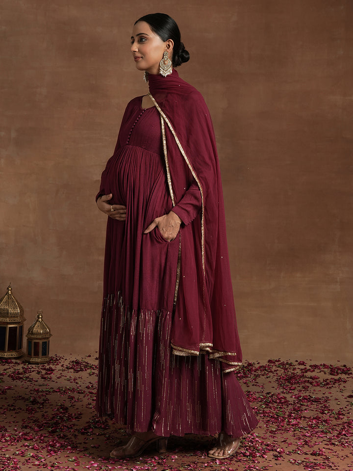 Wine Red Maternity Embellished Anarkali with Dupatta