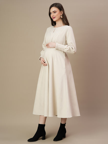 white winter maternity dress Ivory Side Slit Maternity Sweater Midi Dress PinkBlush