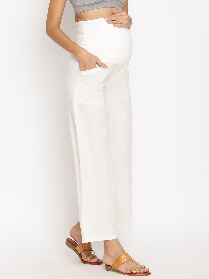 Maternity Cotton Linen Palazzo Pants- White