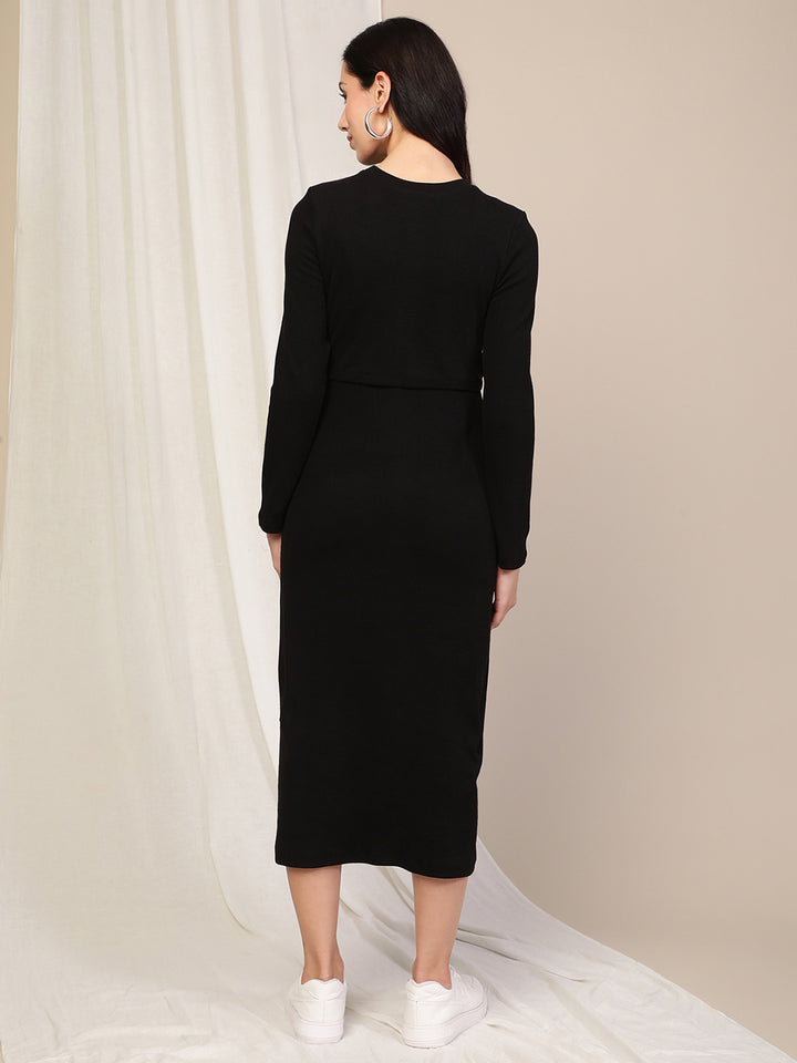 Maternity Ribbed Double Layer Long Sleeve Nursing Friendly Dress - Black