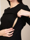 Maternity Ribbed Double Layer Long Sleeve Nursing Friendly Dress - Black