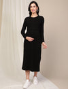 Maternity Ribbed Double Layer Long Sleeve Nursing Friendly Dress - Black