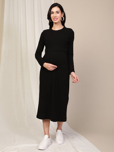 Maternity Ribbed Double Layer Long Sleeve Nursing Friendly Dress - Black