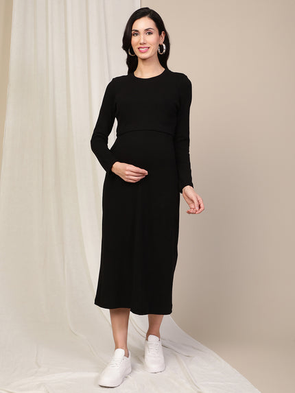 Maternity Ribbed Double Layer Long Sleeve Nursing Friendly Dress - Black