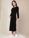 Maternity Ribbed Double Layer Long Sleeve Nursing Friendly Dress - Black