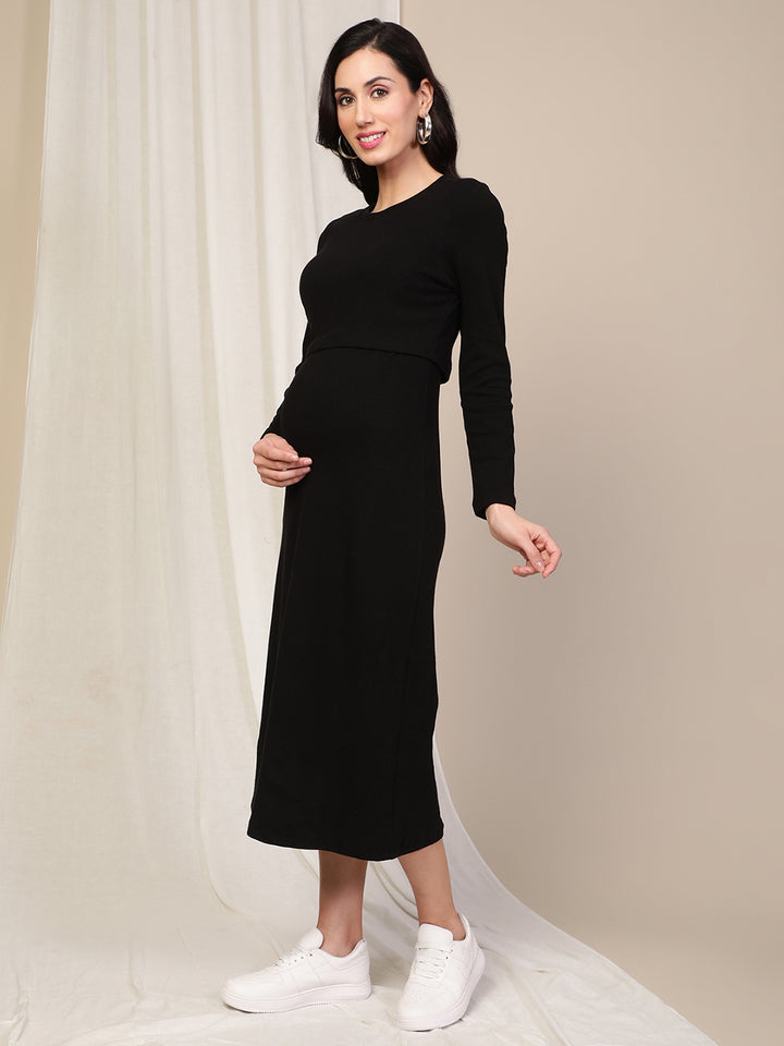 Maternity Ribbed Double Layer Long Sleeve Nursing Friendly Dress - Black