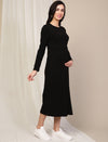 Maternity Ribbed Double Layer Long Sleeve Nursing Friendly Dress - Black