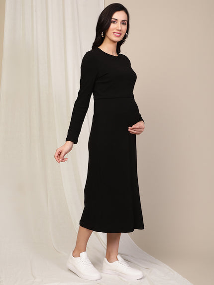 Maternity Ribbed Double Layer Long Sleeve Nursing Friendly Dress - Black