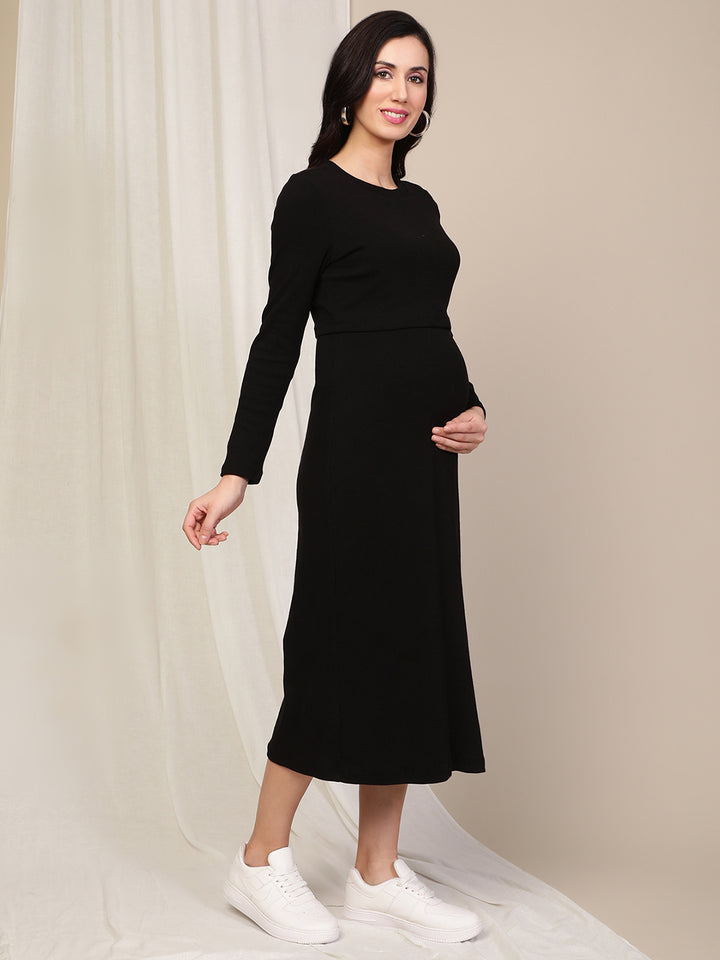 Maternity Ribbed Double Layer Long Sleeve Nursing Friendly Dress - Black