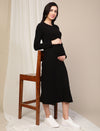 Maternity Ribbed Double Layer Long Sleeve Nursing Friendly Dress - Black