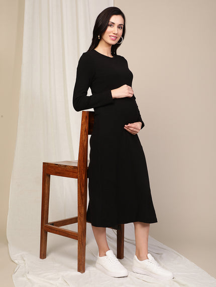 Maternity Ribbed Double Layer Long Sleeve Nursing Friendly Dress - Black