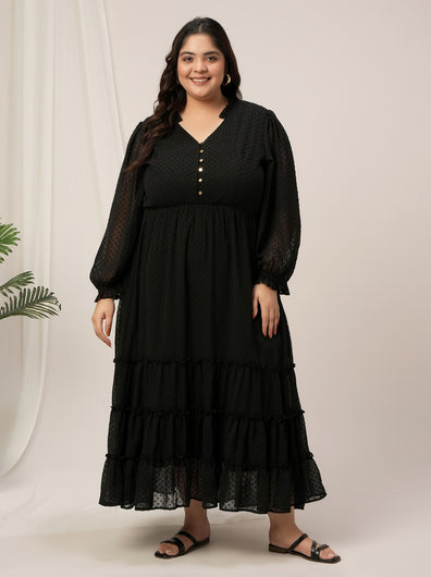 Plus Size Black Tiered Chiffon Maxi Dress