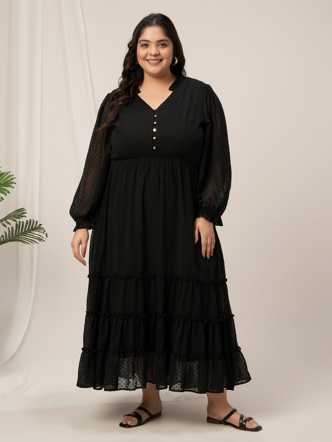 Women Plus Size Black Tiered Chiffon Maxi Dress
