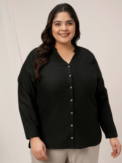 Women Plus Size Linen Office Shirt- Black