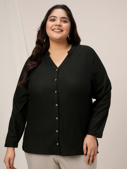Women Plus Size Linen Office Shirt- Black