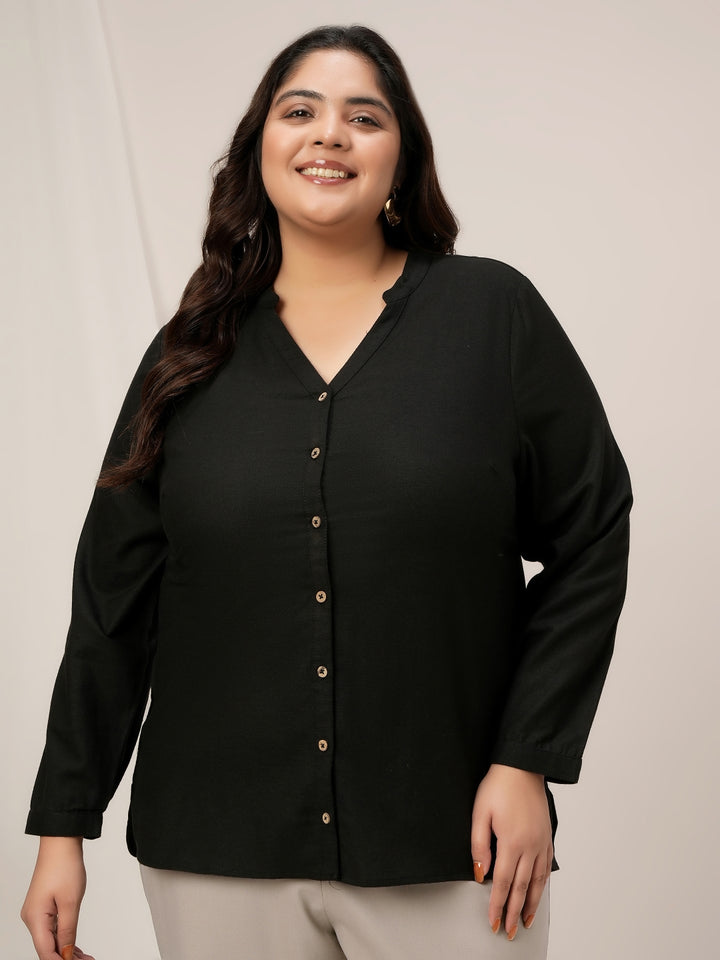 Women Plus Size Linen Office Shirt- Black