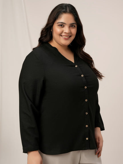 Women Plus Size Linen Office Shirt- Black