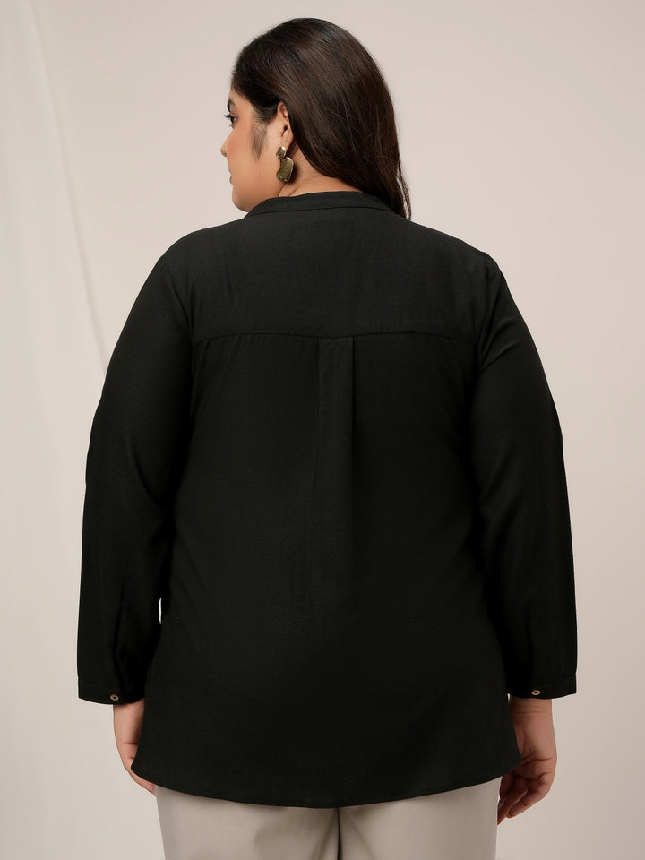 Women Plus Size Linen Office Shirt- Black