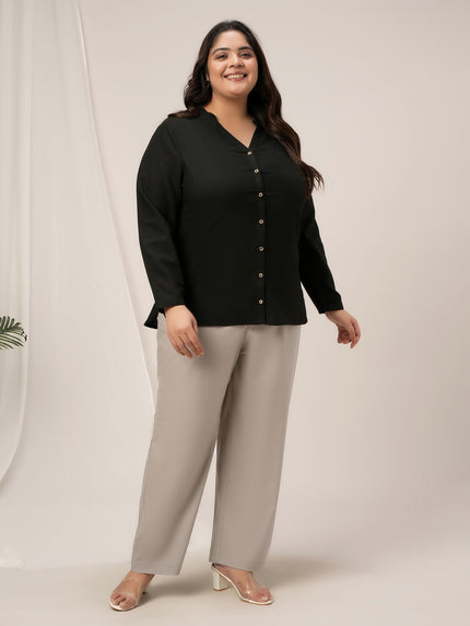 Women Plus Size Linen Office Shirt- Black