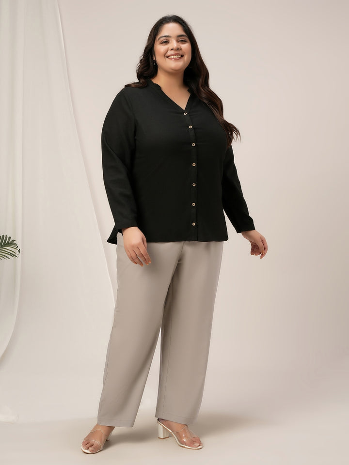 Women Plus Size Linen Office Shirt- Black