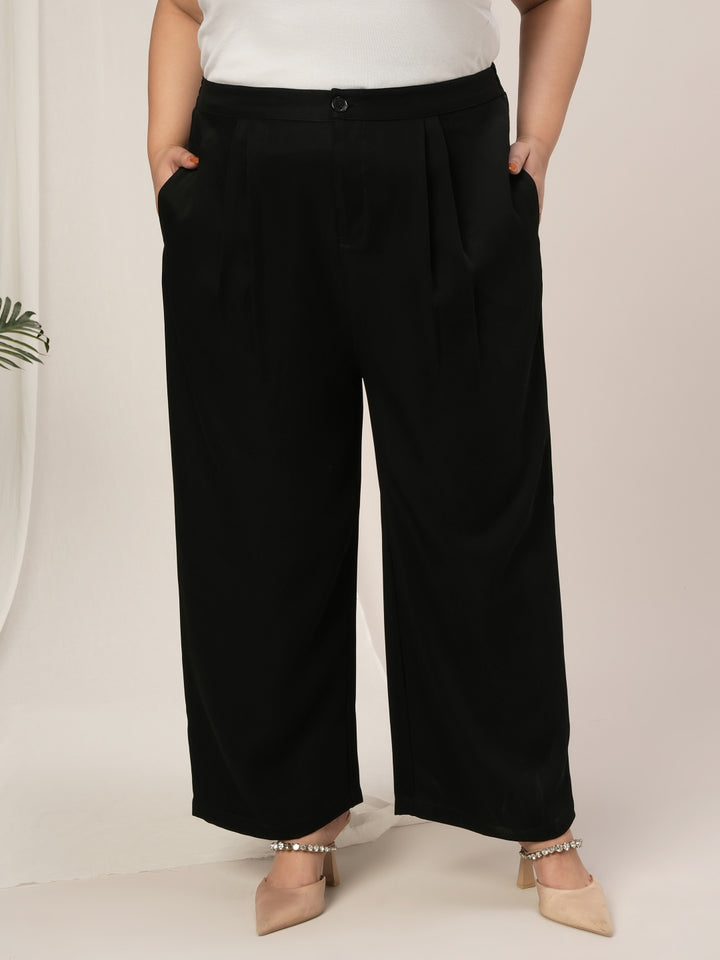 Women Plus Size Wide Leg Korean Pants- Black