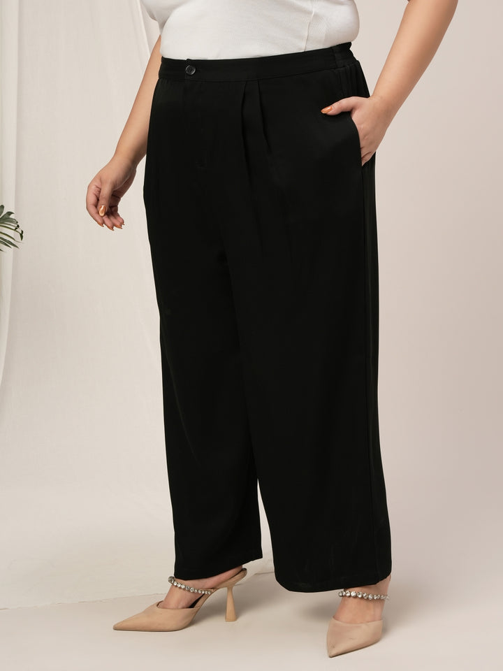 Women Plus Size Wide Leg Korean Pants- Black