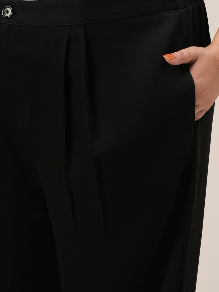Women Plus Size Wide Leg Korean Pants- Black
