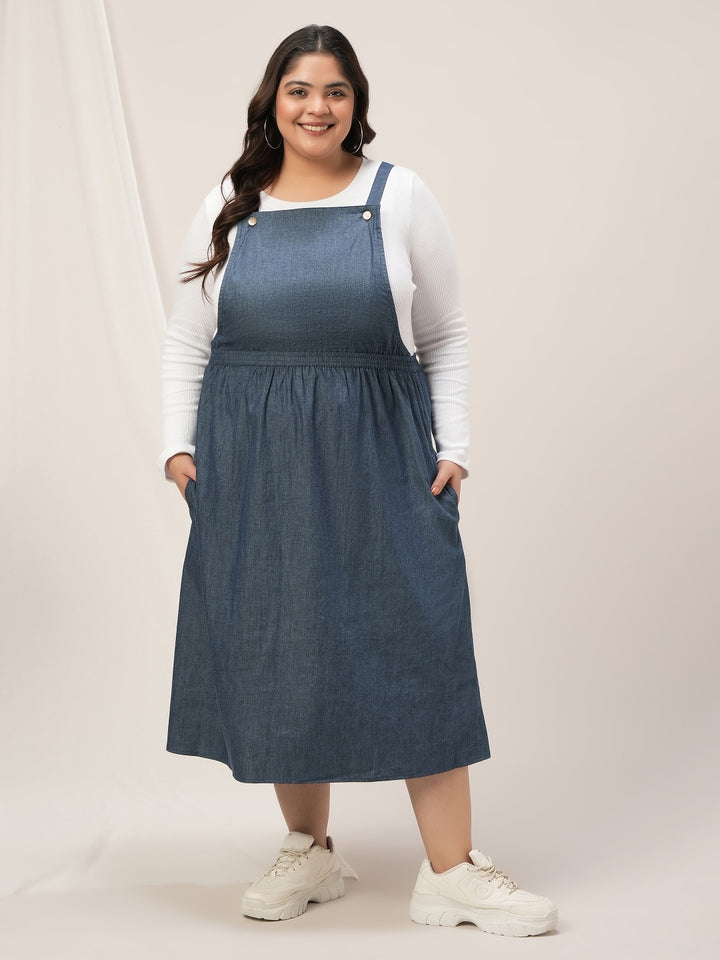 Women Plus Size Blue Denim Dungaree Dress