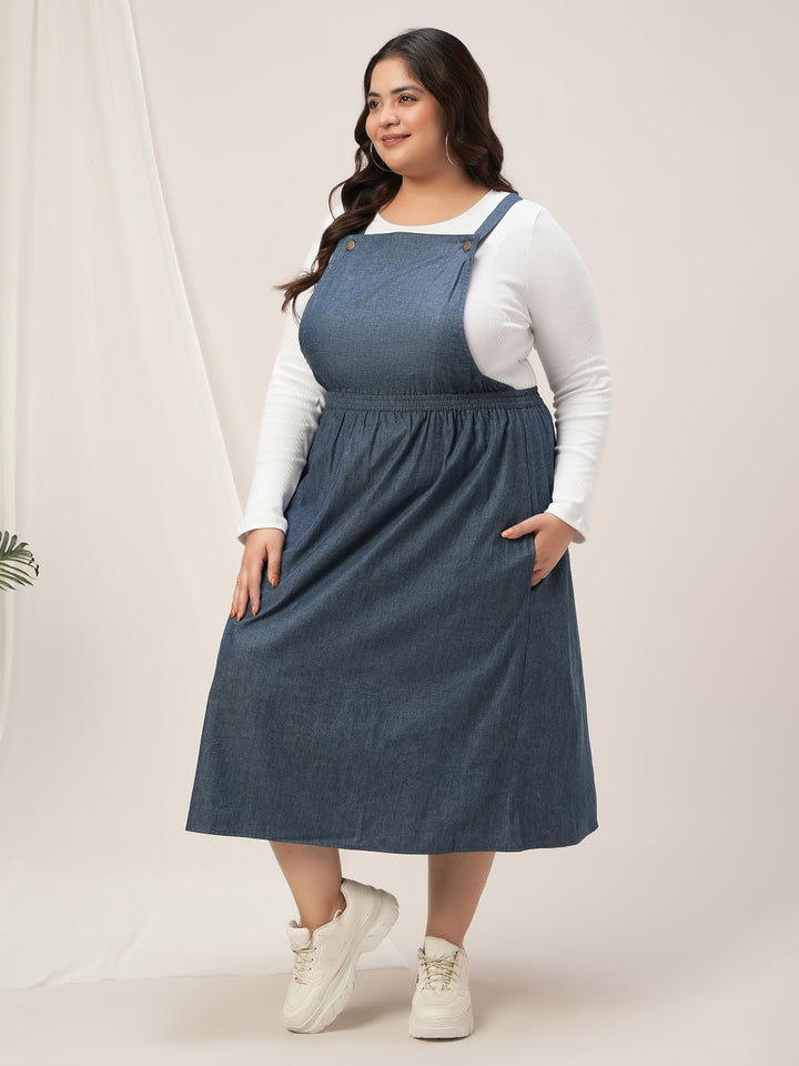 Women Plus Size Blue Denim Dungaree Dress