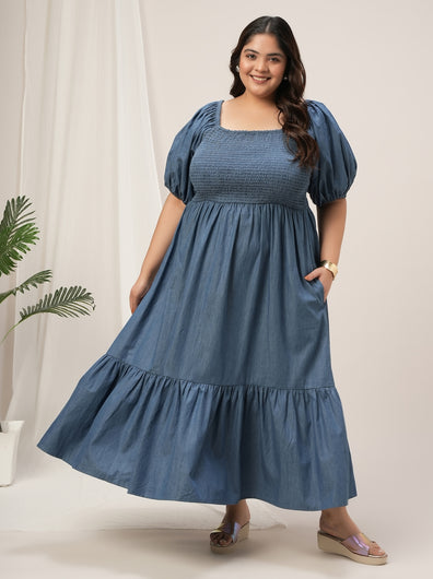 Women Plus Size Blue Denim Maxi Dress