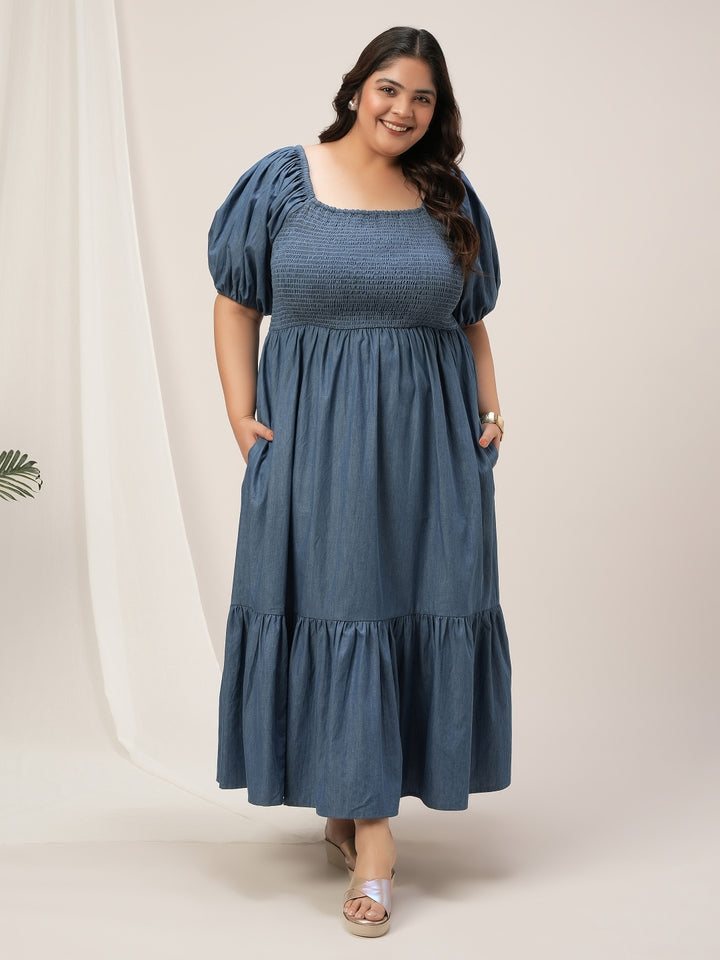 Women Plus Size Blue Denim Maxi Dress