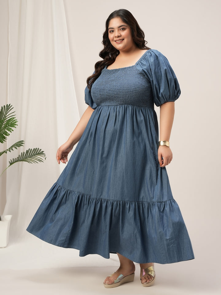 Women Plus Size Blue Denim Maxi Dress