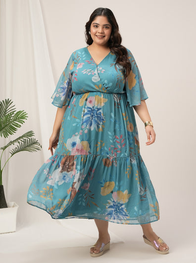 Plus Size Blue A-Line Floral Maxi Dress