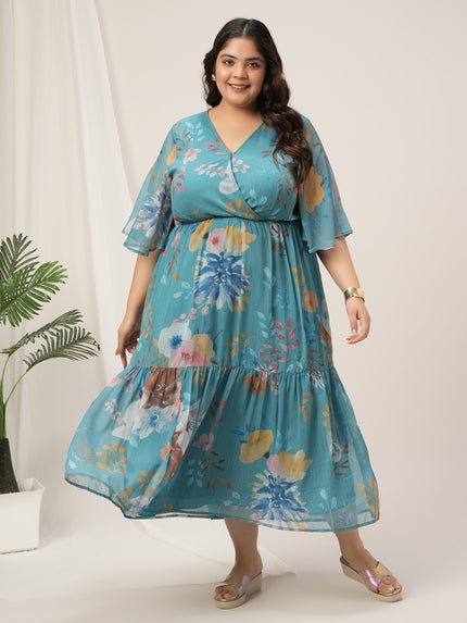 Plus Size Blue A-Line Floral Maxi Dress