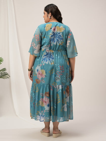 Plus Size Blue A-Line Floral Maxi Dress