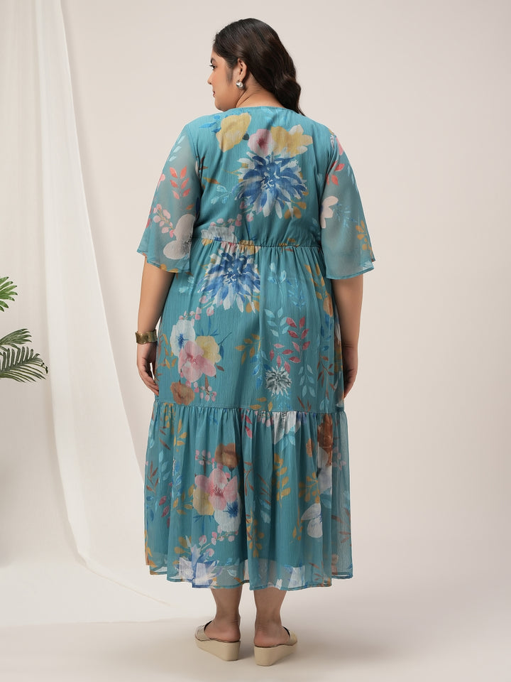 Plus Size Blue A-Line Floral Maxi Dress
