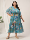 Plus Size Blue A-Line Floral Maxi Dress