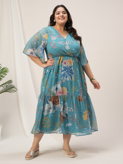 Plus Size Blue A-Line Floral Maxi Dress