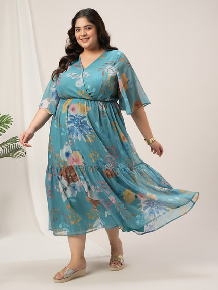 Plus Size Blue A-Line Floral Maxi Dress