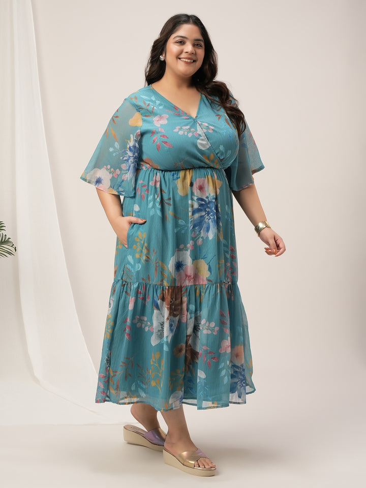 Plus Size Blue A-Line Floral Maxi Dress
