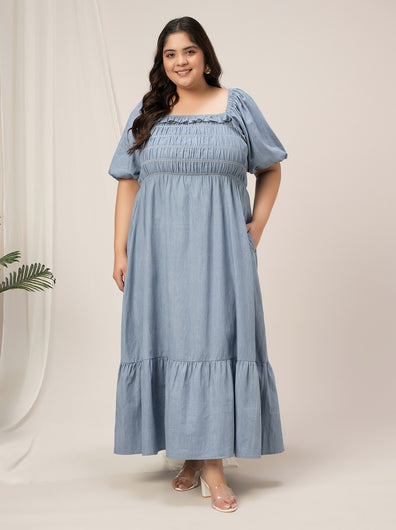 Women Plus Size Blue Long Denim Jeans Dress