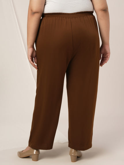 Women Plus Size High Rise Korean Formal Pants- Brown