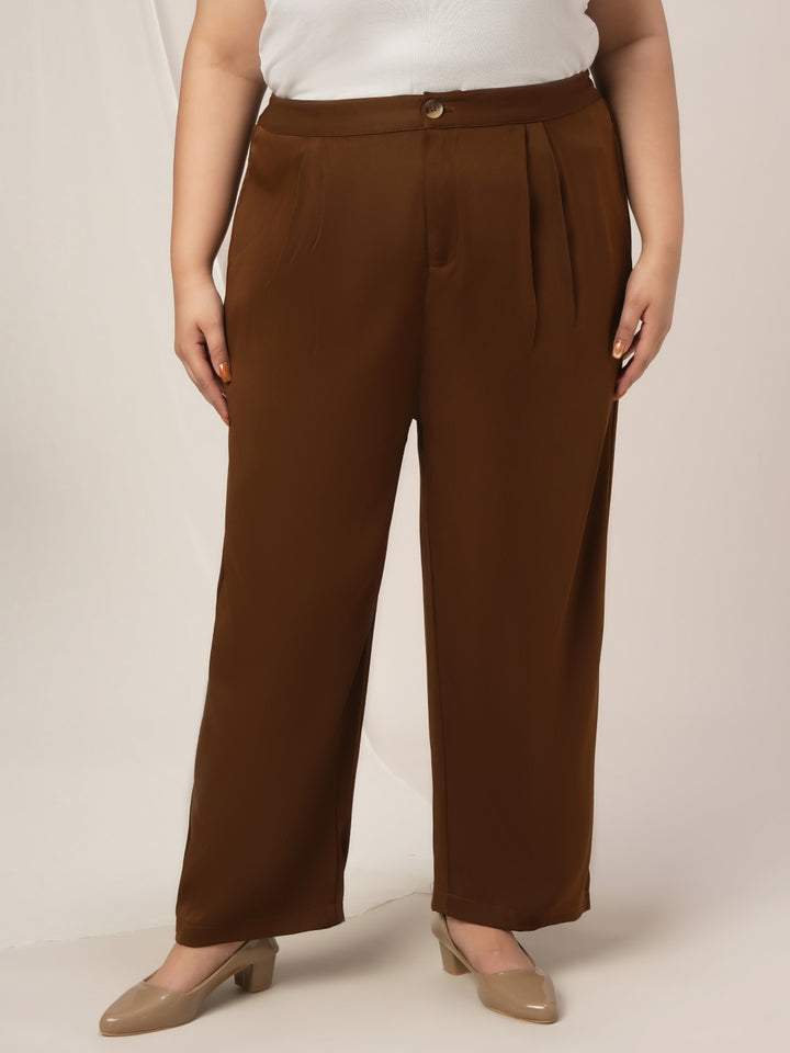 Women Plus Size High Rise Korean Formal Pants- Brown