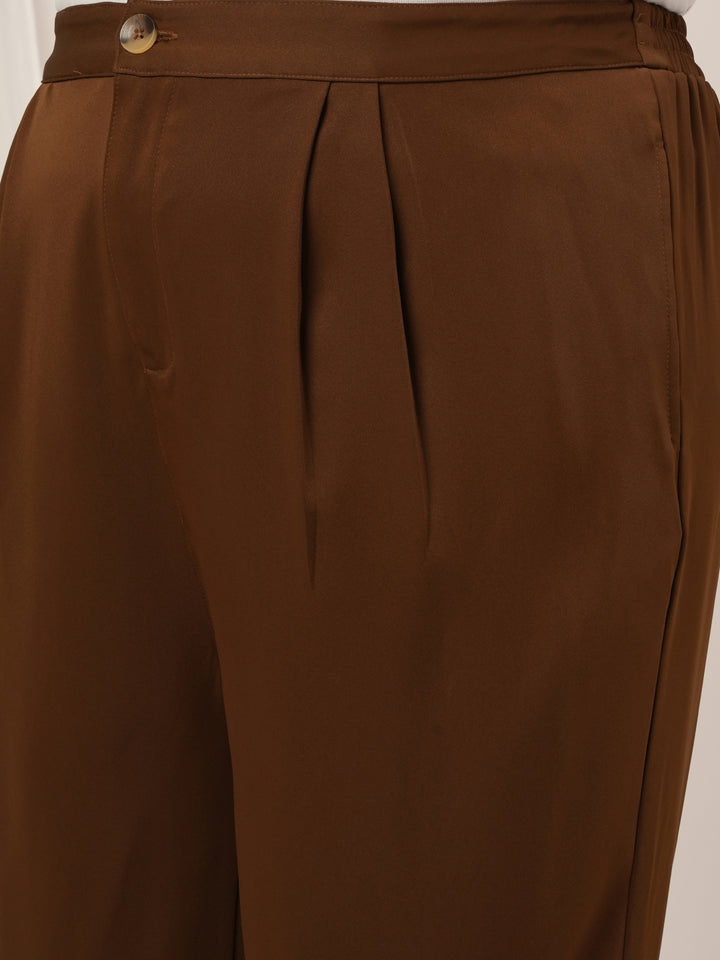 Women Plus Size High Rise Korean Formal Pants- Brown