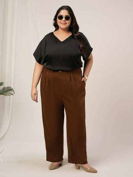 Women Plus Size High Rise Korean Formal Pants- Brown