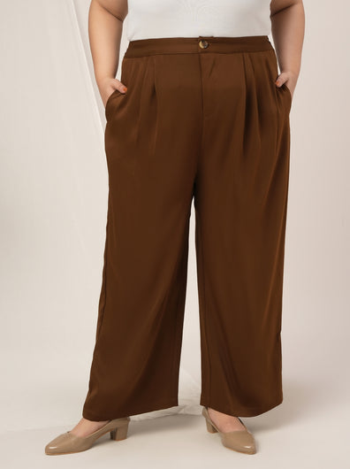 Women Plus Size Wide Leg Korean Pants- Brown