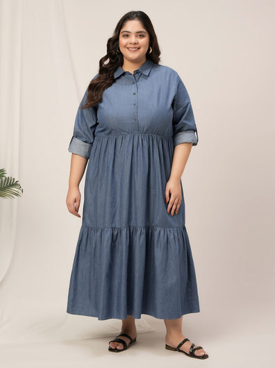 Women Plus Size Button Up Denim Maxi Dress