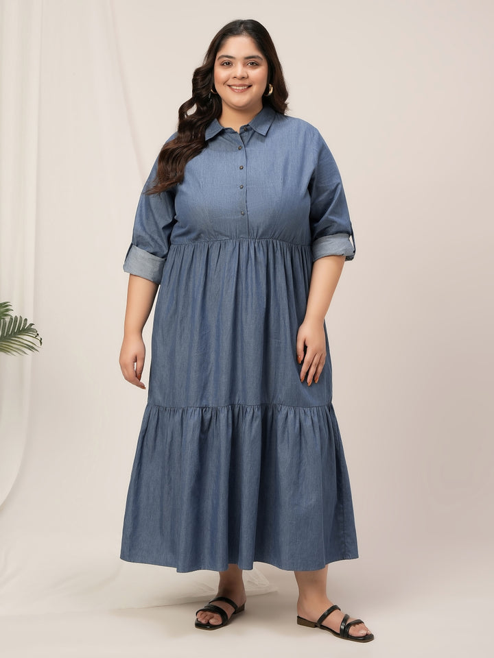 Women Plus Size Button Up Denim Maxi Dress