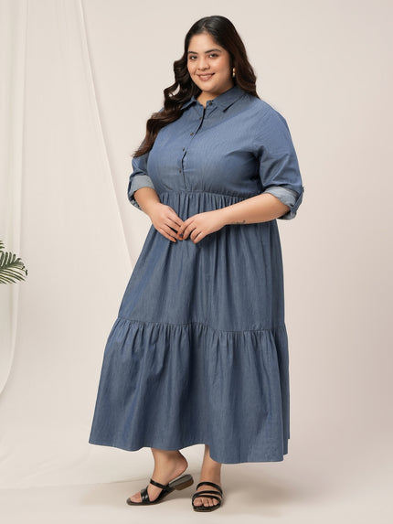 Women Plus Size Button Up Denim Maxi Dress