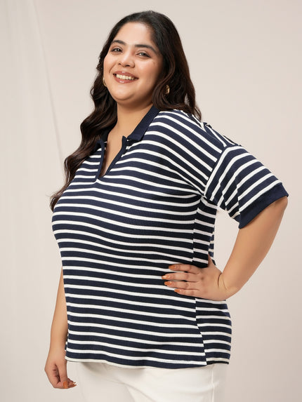 Women Plus Size Collar Polo T-Shirt- Navy Blue